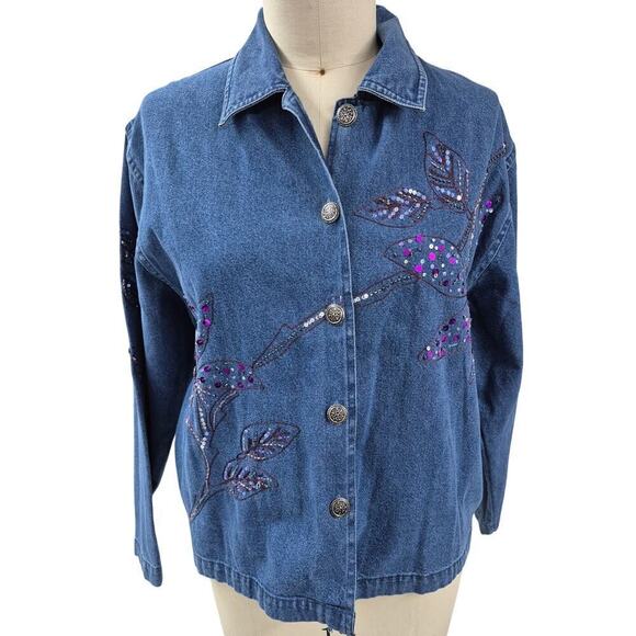 vtg y2k Tantrums Blue Denim Shirt Jacket Pockets Purple Sequined Embroidery M - Picture 1 of 5